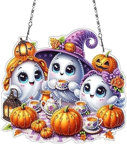 DIY Diamond Painting Anhänger Halloween mit Kette, Kürbis Geist Deko 5D Diamant Painting Türkranz Fensterbilder Doppelseitig, Hängende Ornament Bastelset Set für Wand und Eingang Decor von Yarteim