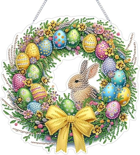 Diamond Painting Anhänger Ostern Kranz Set, Osterei Hase Bastelset 5D Diamond Painting Fensterbilder mit Kette, Fensterdeko Frühling, DIY Diamont Türkranz für Fenster Wand und Eingang Decor von Yarteim
