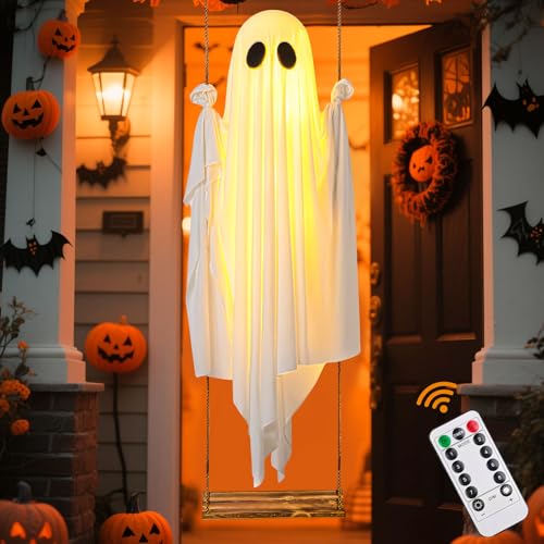 Halloween Deko Geist, Halloween Hängende Geister Schaukel mit Licht und Timer Fernbedienung, Leuchtende Geist mit Holzschaukel, Led Gespenst für Helloween Deko Innen Außen Garten Vorhof Party von Yarteim