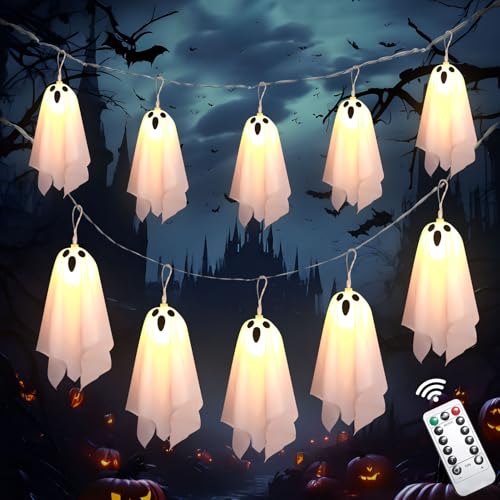 Halloween Lichterkette Geist, 2,5M 10LED Halloween Deko Hängende Geister Lichterkette mit Timer, 8 Modi Leuchtende Geister Girlande Batteriebetrieb, Helloween Deko Outdoor für Garten Party Dekoration Halloween Lichterkette Geist, 2,5M 10LED Halloween Deko Hängende Geister Lichterkette mit Timer, 8 Modi Leuchtende Geister Girlande Batteriebetrieb, Helloween Deko Outdoor für Garten Party Dekoration von Yarteim