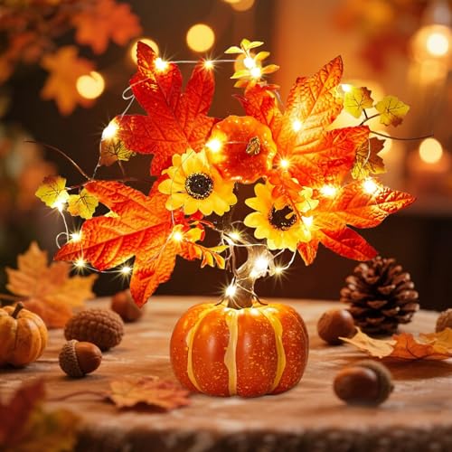 Herbstdeko Kürbis Lichterbaum mit 20 LEDs, 35CM Künstlicher Ahornblatt Kürbis Baum Lichter, Herbst Deko Baum Licht Batteriebetrieben, Halloween Kürbis Lampe für Erntedankfest, Halloween Deko Innen von Yarteim
