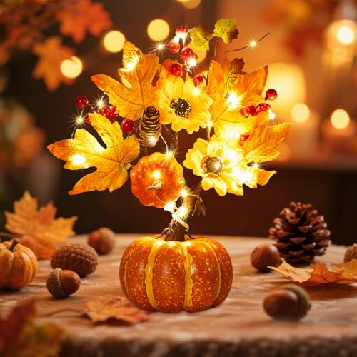Herbstdeko Kürbis Lichterbaum mit 20 LEDs, 35CM Künstlicher Ahornblatt Kürbis Baum Lichter, Herbst Deko Baum Licht Batteriebetrieben, Halloween Kürbis Lampe für Erntedankfest, Halloween Deko Innen Herbstdeko Kürbis Lichterbaum mit 20 LEDs, 35CM Künstlicher Ahornblatt Kürbis Baum Lichter, Herbst Deko Baum Licht Batteriebetrieben, Halloween Kürbis Lampe für Erntedankfest, Halloween Deko Innen von Yarteim