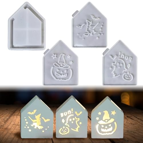 Silikonformen Gießformen Halloween, 3 Stück Halloween Silikonform Haus mit Kürbis und Geist Muster, Gießformen Silikon Haus Gipsformen zum Gießen, Silikonform Häuser Epoxidharz Formen für Seife Gips von Yarteim