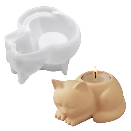 Silikonformen Gießformen Tiere, DIY Katze und Kaninchen Silikonform Kerzenhalter mit Deckel, Silikon Gießform Tiere, GießFormen Silikon Katze Silikonform Teelichthalter für Blumentöpfe (A) von Yarteim