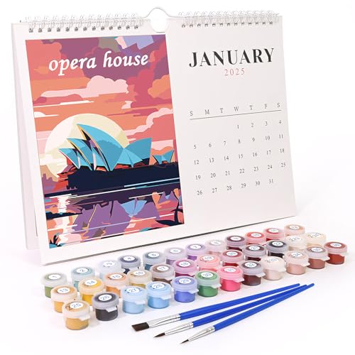 Wandkalender 2025,Malen Nach Zahlen Kalender Wandkalender Nation Landschaft,Hase,Ölgemälde Set,Kalender mit Ständer,Digital Tischkalender mit Pinsels Acrylfarbe für Geschenke Haus Deko von Yarteim