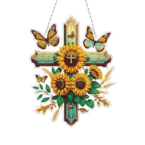 Yarteim Diamond Painting Anhänger,Diamond Painting Schmetterling Türkranz,Kreuz Sonnenblume Blumen Fensterdeko Frühling Hängend,5D Diamont Painting Fensterbilder mit Kette für Wand und Eingang Decor von Yarteim