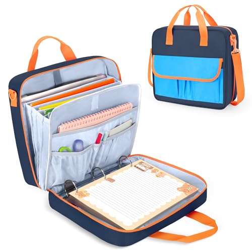 YARWO Ringordner Tasche für Jungen Mädchen 3 Ring Ordner für 500 Blätter mit ausziehbaren Fächern verstellbarer Trageriemen Akkordeon Organizer passend für 13" Laptop, Lern Tablet Schreibwaren, Marine von Yarwo