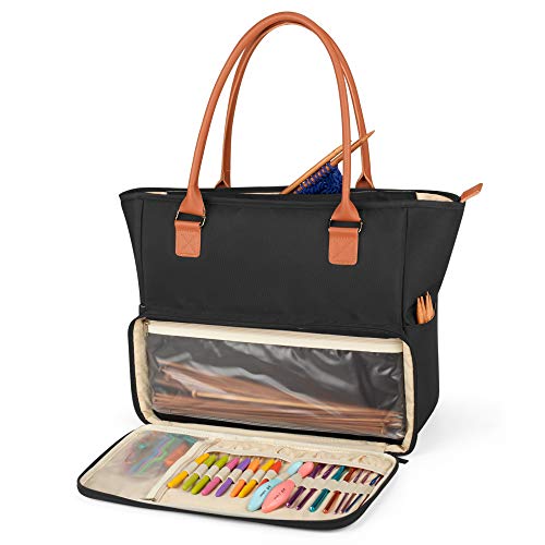 Yarwo Stricktasche mit Griff aus PU-Leder und Taschen für WIP, Stricktasche, Aufbewahrung für Wollknäuel, Stricknadeln, Häkelnadeln und anderes Zubehör für Stricken und Häkeln, Schwarz von Yarwo