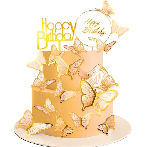 Yatinkim 22 Stück Schmetterling Kuchen Dekorationen 3D Schmetterlinge Cupcake Topper Happy Birthday für Mädchen Frauen Jahrestag Party Hochzeit Zubehör Orange von Yatinkim
