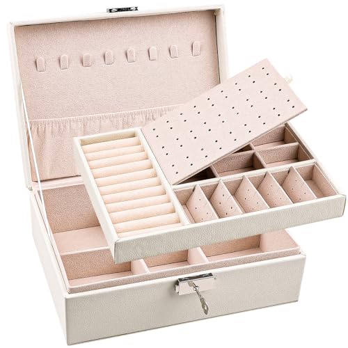 Yatinkim Schmuckkästchen Damen Schmuckkasten mit Schloss Schmuckaufbewahrung 2 Ebenen Schmuckschatulle Mädchen Schmuckbox Weiß PU Leder Schmuck Schachteln Abnehmbare für Tablett Ohrringe Halsketten von Yatinkim