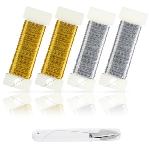 Yaunming 0,3 mm × 50 m Basteldraht Schmuckdraht, Nickel-freier Draht Zum Basteln Silberfarben 2 Rollen Goldfarben 2 Rollen Mit 1 kleinen Schere, für Handgefertigten DIY-Schmuck und Floristik von Yaunming