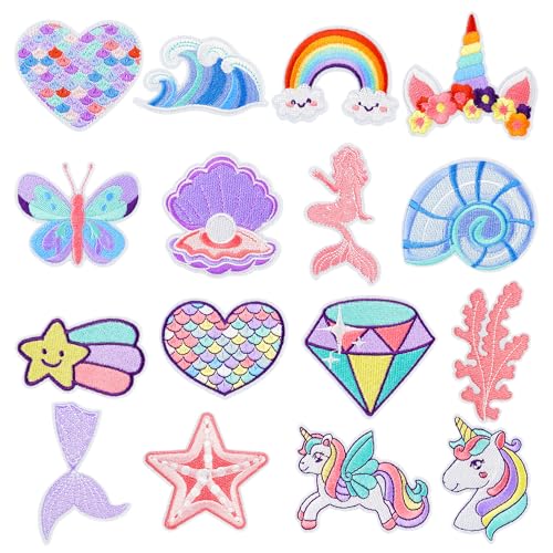 16 Stück Einhorn-Meerjungfrau-Aufnäher zum Aufbügeln für Kinder, Mädchen, niedliches Herz, Schmetterling, Wellen, Regenbogen, bestickt, zum Aufbügeln für Kleidung, Rucksack, Jeans, Jacken, Hut 16 Stück Einhorn-Meerjungfrau-Aufnäher zum Aufbügeln für Kinder, Mädchen, niedliches Herz, Schmetterling, Wellen, Regenbogen, bestickt, zum Aufbügeln für Kleidung, Rucksack, Jeans, Jacken, Hut von Yaveron