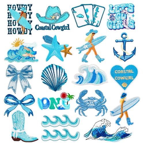 20 Stück Coastal Cowgirl Aufnäher zum Aufbügeln für Sommer, Strand, für Hüte, Ozean, zum Aufnähen auf Rucksäcke, Kleidung, Jeans (blau) von Yaveron