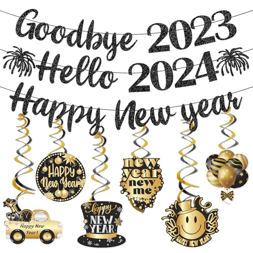 Happy New Year Decorations 2024 New Years Eve Decorations Black Glitter Goodbye 2023 Hello 2024 Happy New Year Banner Silvester Party Supplies With New Year Hanging Decorations von Yavxzvbw