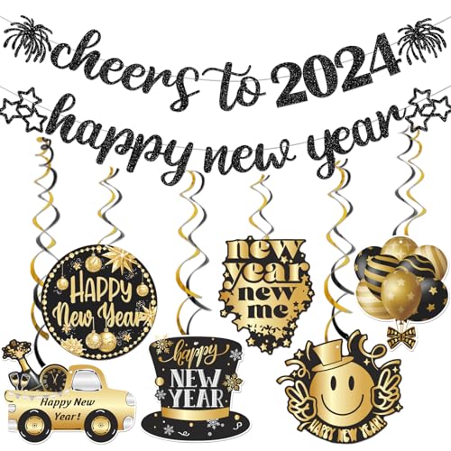 Black Glitter Cheers to 2024 Happy New Year Banner mit hängendem Wirbel für Happy New Year Dekorationen 2024 Silvester Party Supplies 2024 Silvester Banner von Yavxzvbw