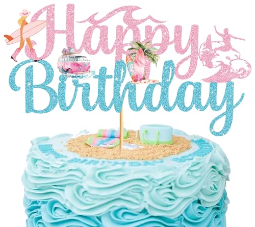 Glitzernde Kuchendekoration im Vintage-Stil, Surfen, Happy Birthday, Strand-Thema, Kuchendekorationen, Strand-Geburtstagsparty-Dekorationen, rosa und blau, Kuchenaufsatz für den Sommer, hawaiianische Glitzernde Kuchendekoration im Vintage-Stil, Surfen, Happy Birthday, Strand-Thema, Kuchendekorationen, Strand-Geburtstagsparty-Dekorationen, rosa und blau, Kuchenaufsatz für den Sommer, hawaiianische von Yavxzvbw