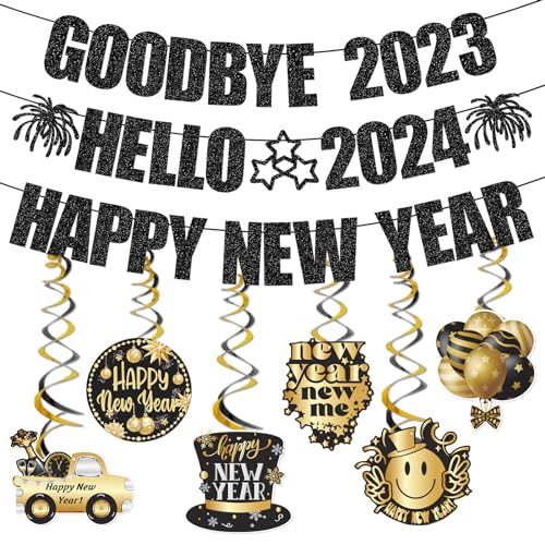 Schwarzer Glitzer Goodbye 2023 Hello 2024 Happy New Year Banner für Happy New Year Dekorationen 2024 Silvester Party Supplies mit hängendem Wirbel 2024 Silvester Banner von Yavxzvbw