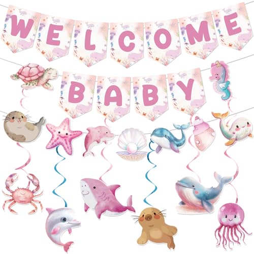 Under The Sea Welcome Baby Banner für Mädchen unter dem Meer Babyparty Dekorationen Ozean Babyparty Dekorationen mit Girlande hängenden Wirbeln von Yavxzvbw