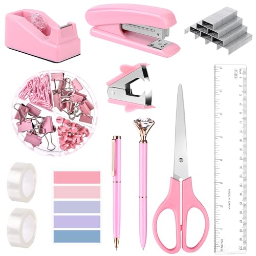 Bürobedarf-Set, Heftgerät und Klebebandabroller, Schreibtischzubehör mit Heftklammerentferner, Reißnägel, Ordner, Büroklammern, Lineal, Schere, Klebeband, Stift, Rosa, 12-teiliges Set Bürobedarf-Set, Heftgerät und Klebebandabroller, Schreibtischzubehör mit Heftklammerentferner, Reißnägel, Ordner, Büroklammern, Lineal, Schere, Klebeband, Stift, Rosa, 12-teiliges Set von Yawdil