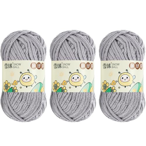 100 G/Rolle Chenille Garn,MakrameeGarn 5mm, 68 MChenille Wolle Zum Häkeln, ChunkyChenille-Garn Zum Stricken UndHäkeln (Hellgrau,3 PCS) von YayaVrillant