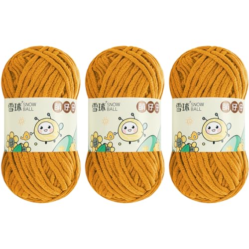 100 g/Rolle Chenille Yarn, Chenille Garn, 68mChenille Wolle Zum Häkeln, bulkyyarn for hand knitting, ChunkyChenille-Garn Zum Stricken UndHäkeln (Dunkelgelb,3 PCS) von YayaVrillant
