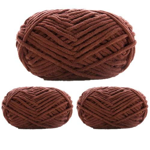 Chenille Garn 3.5mm, Chenille Wolle Zum Häkeln, Super Chunky Chenille-Garn Zum Stricken Und Häkeln, Chenille Wolle Zum Häkeln 50 G – 60 M (Dunkelbraun,3 PCS) von YayaVrillant
