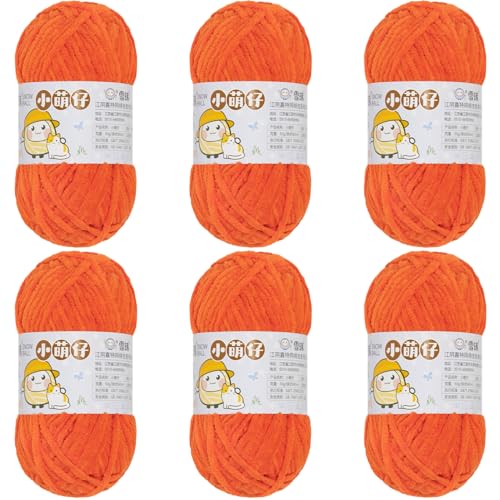 Chenille Garn 3.5mm, Chenille Wolle Zum Häkeln, Super Chunky Chenille-Garn Zum Stricken Und Häkeln, Chenille Wolle Zum Häkeln 50 G – 60 M (Dunkelorange,6 PCS) von YayaVrillant