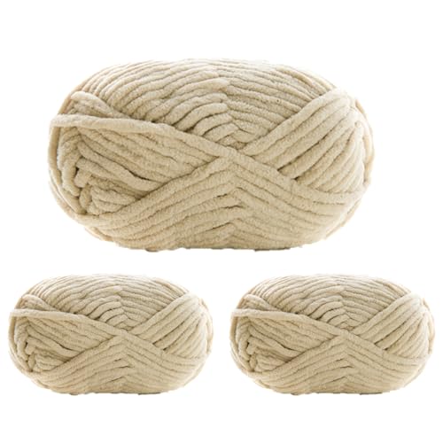 Chenille Yarn, Super Chunky Chenille-Garn Zum Stricken Und Häkeln,chenille Wolle Zum Häkeln 50 G – 60 M (Helles Khaki,3 PCS) von YayaVrillant