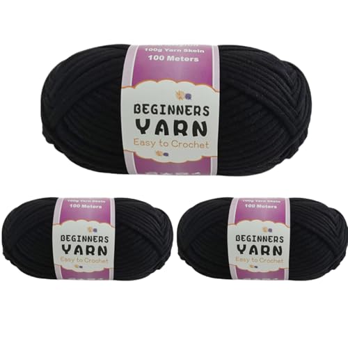 Schlauchgarn, 100g Per Roll Häkelgarn Baumwolle, 3mm Dicke Wolle Zum Häkeln, Häkelwolle Chenille Wolle Zum Häkeln Häkelwolle,Dickes Baumwoll-Nylon-Mischgarn (Schwarz,3 PCS) von YayaVrillant