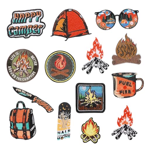 Yayatty Patches zum Aufbügeln, 14 Stück Thema Camping Bügelflicken Applikation Gestickten Aufnäher Feuer Patches zum Aufbügeln für T-Shirt Jeans Taschen Kleidung von Yayatty