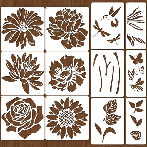12 Stück große Blumen-Malschablonen, wiederverwendbare Schablonen zum Malen auf Holz, Felsen, Leinwand, Stoff, Glas, Keramik (12 große Blumen) von Yazhiji