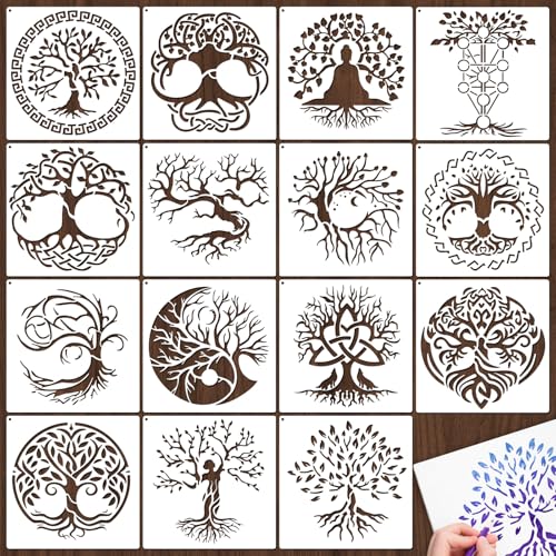 15 Stück 15 x 15 cm Baum des Lebens, Schablonen zum Malen auf Holz, Dekoration, Malvorlagen für Wand, Boden, DIY-Dekorationen, Weihnachtsgeschenke für Kinder (Baum des Lebens) von Yazhiji