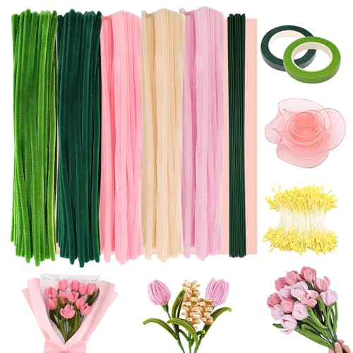 425 Stück Pfeifenreiniger Blumen Set, Pfeifenputzer zum Basteln, Pfeifenreiniger Blumen Rosa, Pfeifenreiniger zum Basteln, mit Bändern, Staubgefäßen und Geschenkpapier zur DIY-Blumenstrauß-Dekoration von Ycaaeo