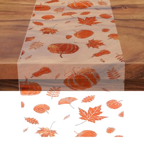 Herbst Tischdecke,28 x 100 cm Tischläufer Herbst mit Orange Kürbis und Ahornblätter Motiv,Transparentem Netzgewebe Herbstliche Thanksgiving Tischläufer für Herbst Tisch Innenbereich Partydeko von Ycaaeo