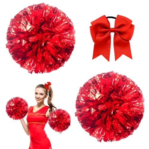 Ycaaeo 2 Stück Cheerleading Pompoms, Pompons Cheerleader Blau Rot, Cheerleader Pompons Handblumen mit Handle, Haargummi Schleife, für Erwachsene/Kinder, Tanzparty, Sportwettbewerb, Teamgeist (Rot) von Ycaaeo
