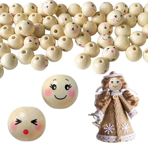Ycaaeo 60 Stück Holzperlen 25mm Mit Gesicht, Smile Face Natur Rund Holzkugeln Mit Loch, Bastel-Perlen für Schmuck Armband Halskette, DIY-Bastelarbeiten, Sorgenwürmchen von Ycaaeo