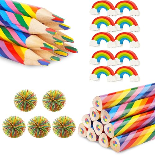 YceLon 25 Stück Regenbogenstift Set, 10 Regenbogenstifte + 10 Radiergummi + 5 Wuschelbälle, Regenbogen Deko Kindergeburtstag Geschenke von YceLon
