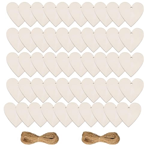 50 Stück Holzherzen zum Beschriften, 7.6 cm Herzform mit Juteschnur, Natürliches Holzdekor für DIY-Projekte, Hochzeitsdekoration, Partydekoration und Geschenkideen von YceLon