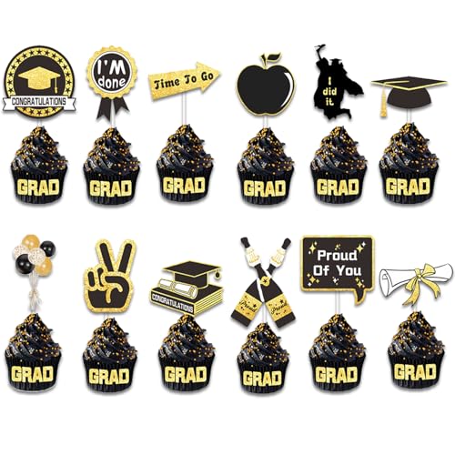 Abschlussdekorationen, Kuchendekoration, Karte Klasse 2025, Absolventen, 24 Stück, Cupcake, Schule, Abschlussball, Party, Schwarzgold, Dekorationskarte, Glückwunsch, Absolventen, Happy Graduation Abschlussdekorationen, Kuchendekoration, Karte Klasse 2025, Absolventen, 24 Stück, Cupcake, Schule, Abschlussball, Party, Schwarzgold, Dekorationskarte, Glückwunsch, Absolventen, Happy Graduation von Yclekiqa