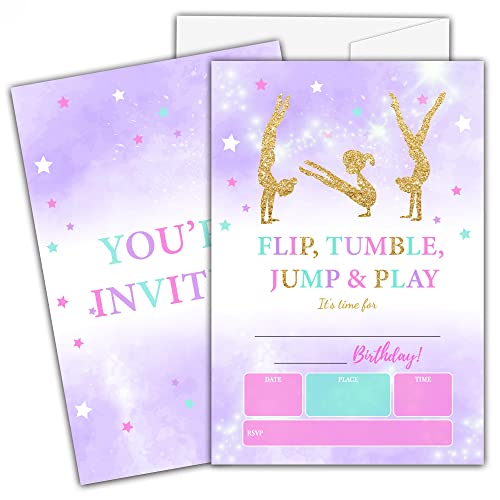 Gymnastik-Geburtstagseinladungen für Kinder, Gold-Glitzer-Geburtstagsparty-Einladungskarten, Jump Tumble und Play Party Feier Supplies Dekoration, 20 Einladungen zum Ausfüllen mit Umschlägen (B17) von Ycyfckdr