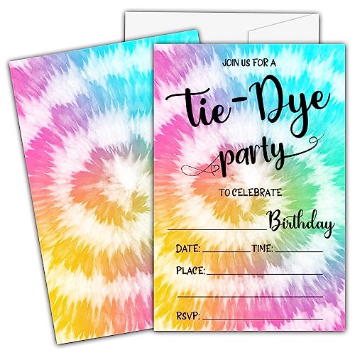 Ycyfckdr Batik-Geburtstagseinladungen für Kinder, Mädchen, Jungen, Batik-Geburtstagsparty-Einladungskarten, Geburtstagsparty-Dekor-Zubehör, 20 Einladungen zum Ausfüllen mit Umschlägen (D04) von Ycyfckdr