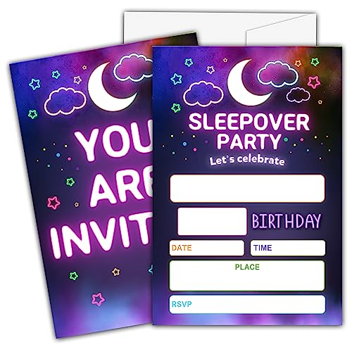 Ycyfckdr Sleepover Geburtstagseinladungen für Kinder, Mädchen, Jungen, Neon Glow Pyjama Slumber Geburtstagsparty-Einladungskarten, Geburtstagsparty-Dekor-Zubehör – 20 Einladungen mit Umschlägen (D10) von Ycyfckdr