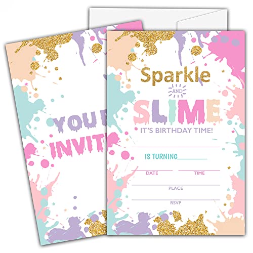 Ycyfckdr Slime Geburtstagseinladungen für Kinder, Sparkle and Slime Geburtstagsparty-Einladungskarten, Slime Party Feier Supplies Dekoration - 20 Einladungen zum Ausfüllen mit Umschlägen (B16) von Ycyfckdr