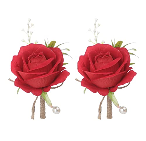 YdseozOA 2 Stück Korsage Hochzeit Boutonniere Künstliche Rosen Blumen Blumenstrauß Brosche Dekor für Braut Bräutigam Hochzeit Prom Party Bankett Rosen Boutonniere (Rot) von YdseozOA