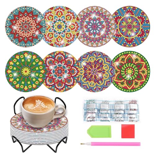 YeaHapiday DIY Diamond Painting Coaster Set, 8 Stück Mandala Diamond Painting Untersetzer, Acryl, Kork, Rund, Mehrfarbig von YeaHapiday