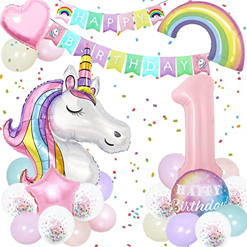 Einhorn Geburtstagsdeko,3D Einhorn Luftballon,Riesen Folienballon Macaron 1,Einhorn Folienballon Set mit Happy Birthday Banner,Rainbow Cloud Balloons für Mädchen Geburtstags Festival Dekoration von YeahBoom