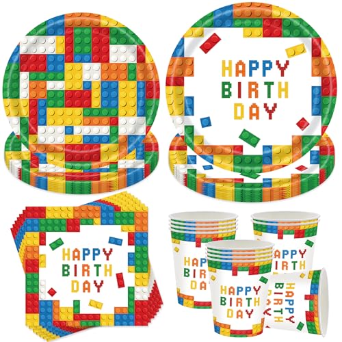 50 Stück Baustein Partygeschirr Set,Baustein Geburtstagsparty Papiergeschirr,Partygeschirr Kindergeburtstag,Geburtstag Party Geschirr Set für 10 Gäste von YeahBoom
