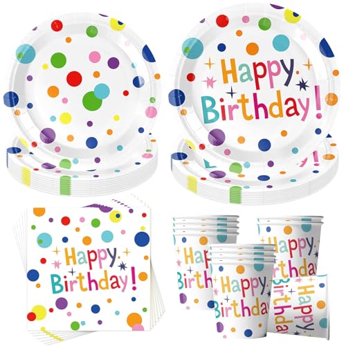 50 Stück Partygeschirr Set,Bunt Polka Dot Design Pappteller Kindergeburtstag,Thema Partygeschirr Set,Mit Teller Becher Servietten,Kindergeburtstag Mädchen Junge für 10 Gäste von YeahBoom