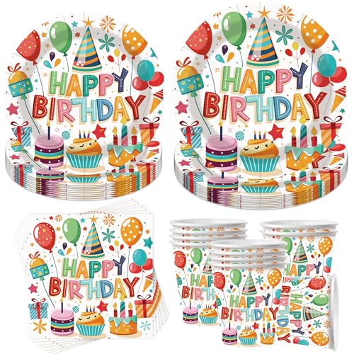 50 Stück Bunte Partygeschirr Set,Geburstag Partygeschirr Pappteller Set,Partygeschirr Geburtstag,Thema Partygeschirr Set,Geburtstag Deko,Kindergeburtstag Mädchen Junge für 10 Gäste von YeahBoom