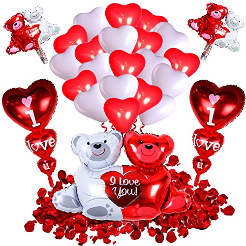 Valentinstag Luftballons Dekoration,I Love You Teddybären Ballon,Herzluftballons Rot Weiß,Rote Rosenblätter,Romantische Deko für Hochzeit,Heiratsantrag,Hochzeit Verlobungsfeier,Jahrestag. von YeahBoom